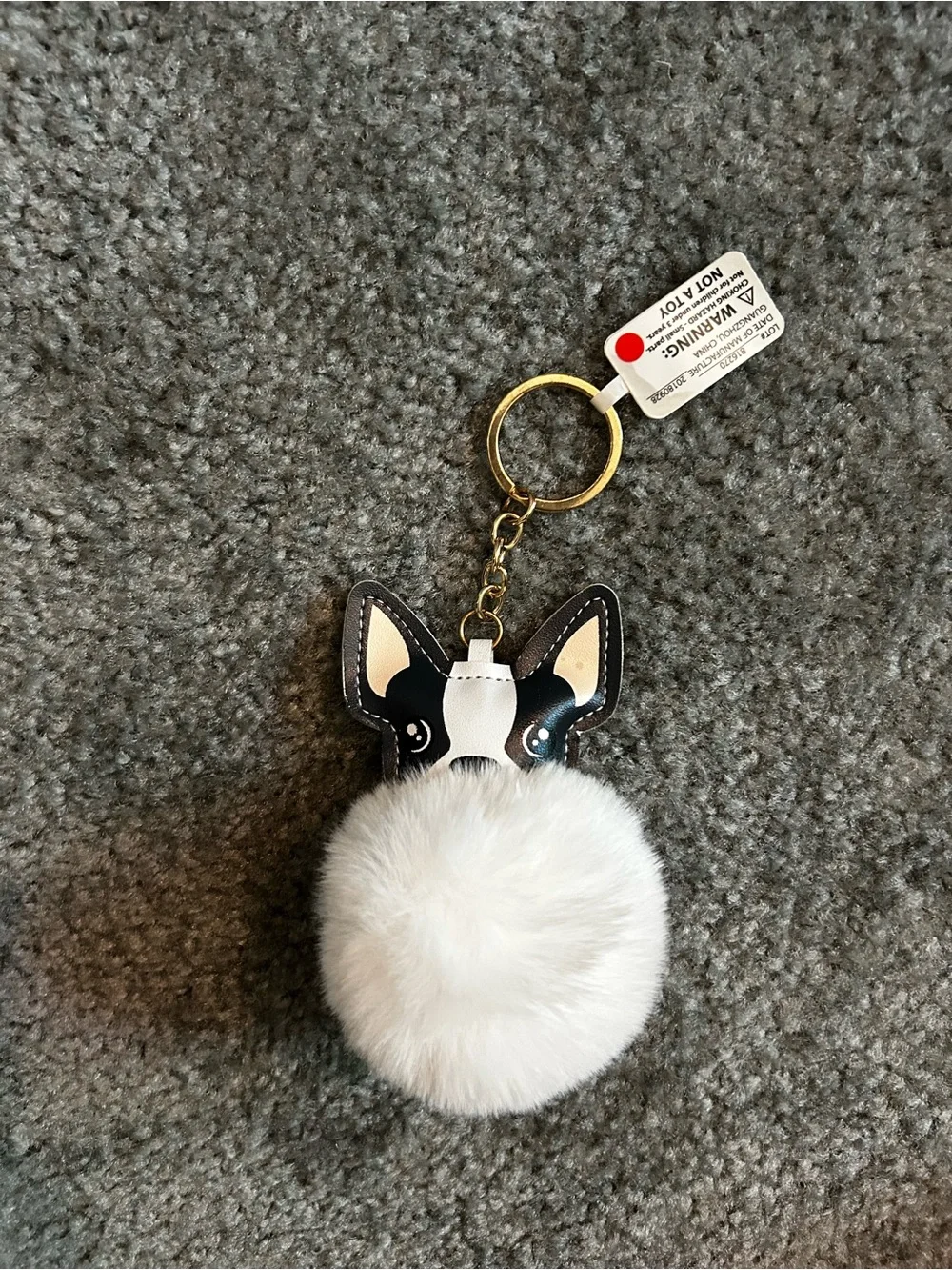Black & White Puppy Pom-Pom Keychain - Cute Bag Charm